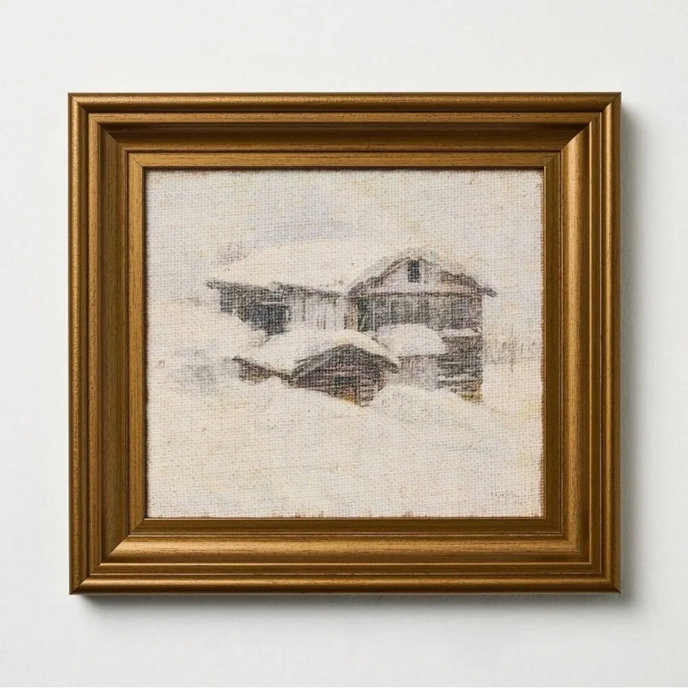 Hearth & Hand with Magnolia 10”x11” Snowy Cabin Burlap Framed Wall Art NWT
